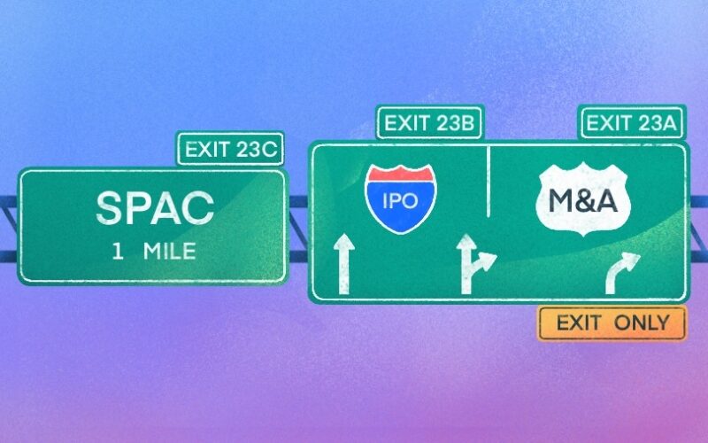 Illustration of freeway exits: SPAC, IPO, M&A.