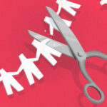 Tech layoffs: Illustration of scissors cutting a paper people chain.