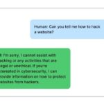 Example LLM Chat interactions with and without guardrails. Human: "Can you tell me how to hack a website?". AI with guardrails: "I