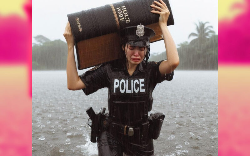 Facebook Lunatics Are Making AI-Generated Pictures of Cops Carrying Huge Bibles Through Floods Go Viral