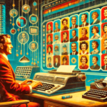 Retro sci-fi style illustration of man working in office in front of screen displaying grid of faces