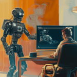 golden-age sci-fi americana style painting of a robot assistant standing over the shoulder of a hipster modern designer working on a large flatscreen monitor