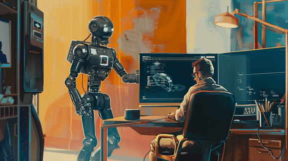 golden-age sci-fi americana style painting of a robot assistant standing over the shoulder of a hipster modern designer working on a large flatscreen monitor