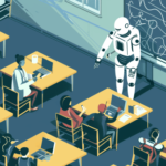 Cheery colorful vector art AI image of white humanoid robot at front of classroom teaching students with laptops at desks, isometric view