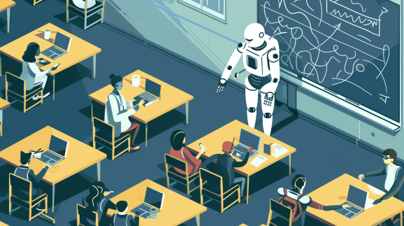 Cheery colorful vector art AI image of white humanoid robot at front of classroom teaching students with laptops at desks, isometric view