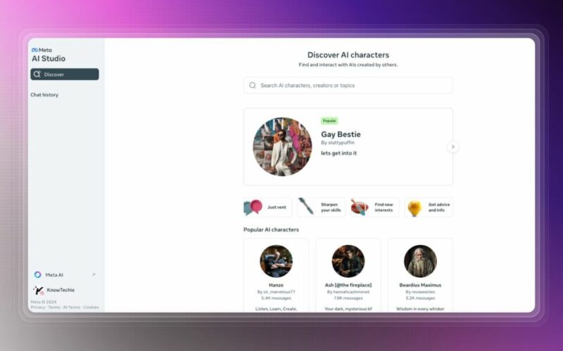 Meta AI Studio discover and search AI characters.