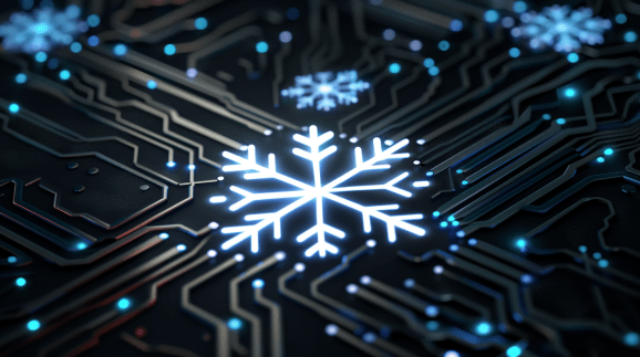 AI illustration of glowing white snowflake against circuit board background