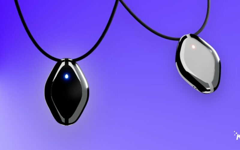 Two wearable tech devices with lights on purple background.