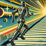 A robot ascends stairs in a retro sci-fi comic book style