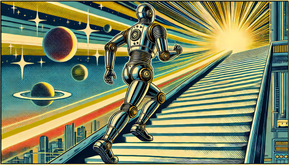 A robot ascends stairs in a retro sci-fi comic book style