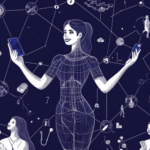 A woman surrounded by icons and nodes and lines against a blue backdrop