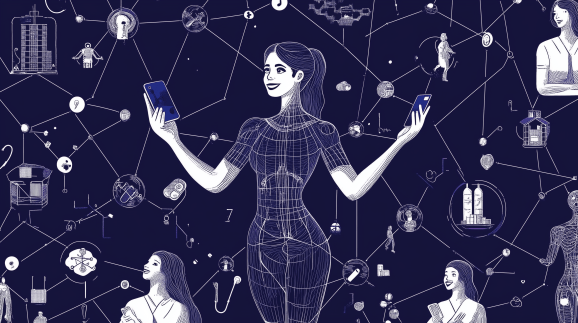 A woman surrounded by icons and nodes and lines against a blue backdrop