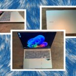 Side top and front view of a silver laptop. Background blue and white fur texture.