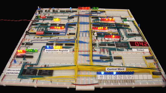 photo of a breadboard computer, literally a bunch of basic components wired together on an electrical breadboard by hand!