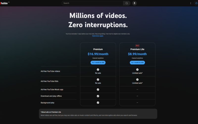 YouTube is testing a new version of its Premium Lite subscription
