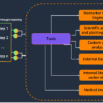 Diagram showing LLM agents framework with tools integration for biomarker analysis.