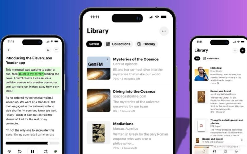 ElevenLabs Reader app interface on smartphone screens.