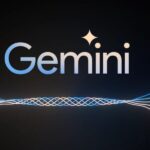 The image shows the word "Gemini" with a shining star above it, set against a dark background, flanked by symmetrical wavy lines intersecting in the middle.