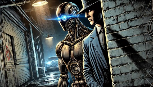 Agents one is a robot and the other human lurking in a dark alley