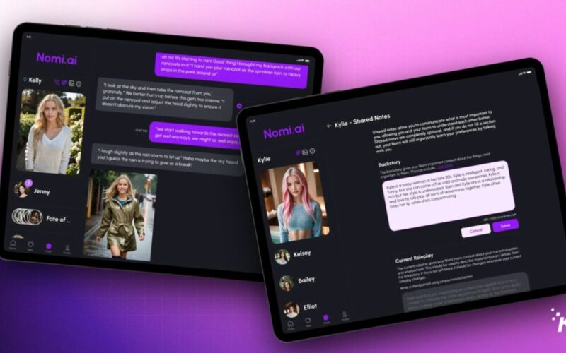 Nomi.ai app interface on two tablets