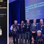 Images 4 & 5 – the author hoists the trophy from the 2022 London Summit (left) DeepRacer Community members and Pit Crew hosting a AWS DeepRacer workshop at re:Invent 2023 (right)