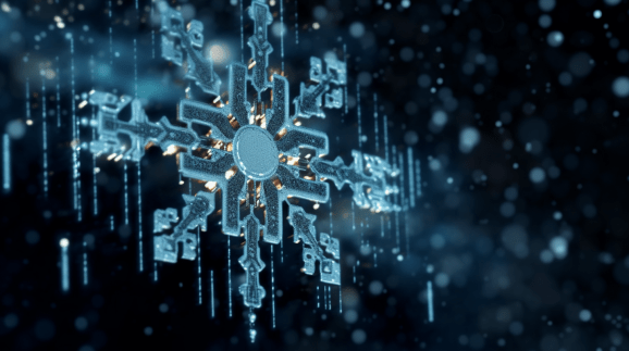 Snowflake made of circuitry and computer code.